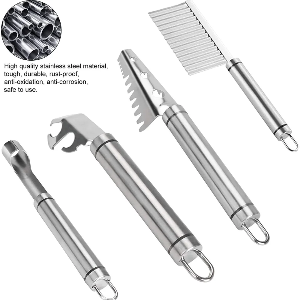 

4 IN 1 Multi-Function Fish Scaler Remover Pan Gripper Corer and Pitter Crinkle Cut Knife Stainless Steel Kitchen Tool Set