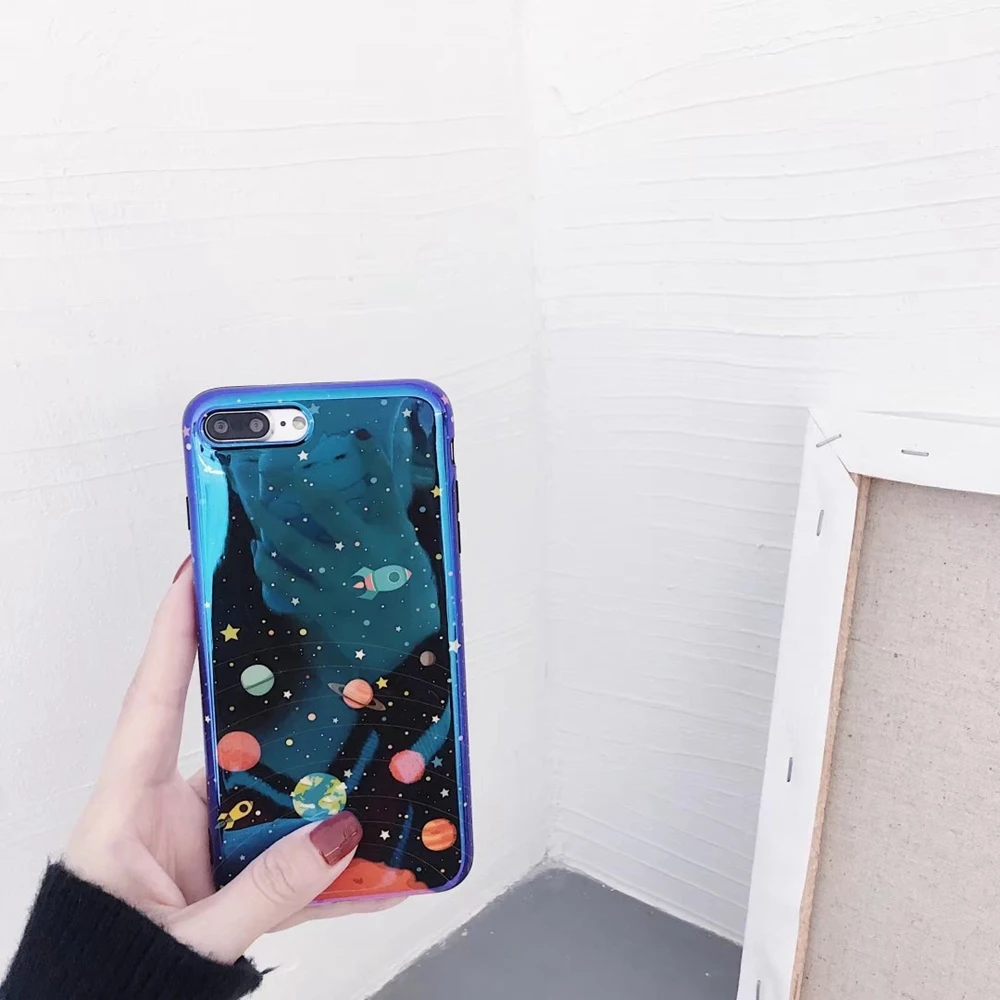 Blue Universe Planet Phone Case For iphone X XR XS Max Mirror TPU soft Cover for 6s 7 8 Plus cartoon Pattern |