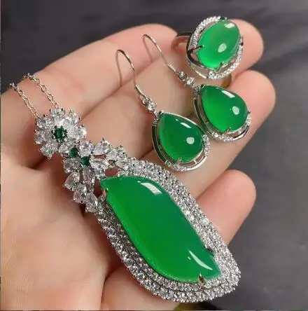 

925 silver pink green Fine Jewelry rhinestone agate Crystal zircon Chalcedony jade earring pendant ring set