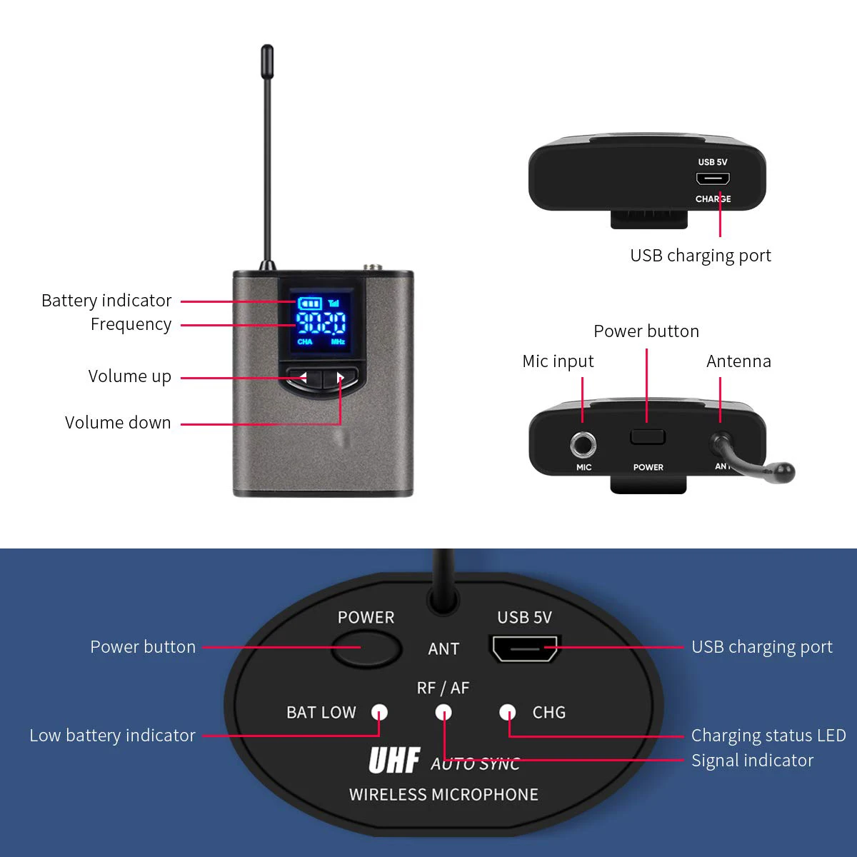 Портативный беспроводной микрофон UHF выход 1/4 дюйма для обучения Лекционной речи