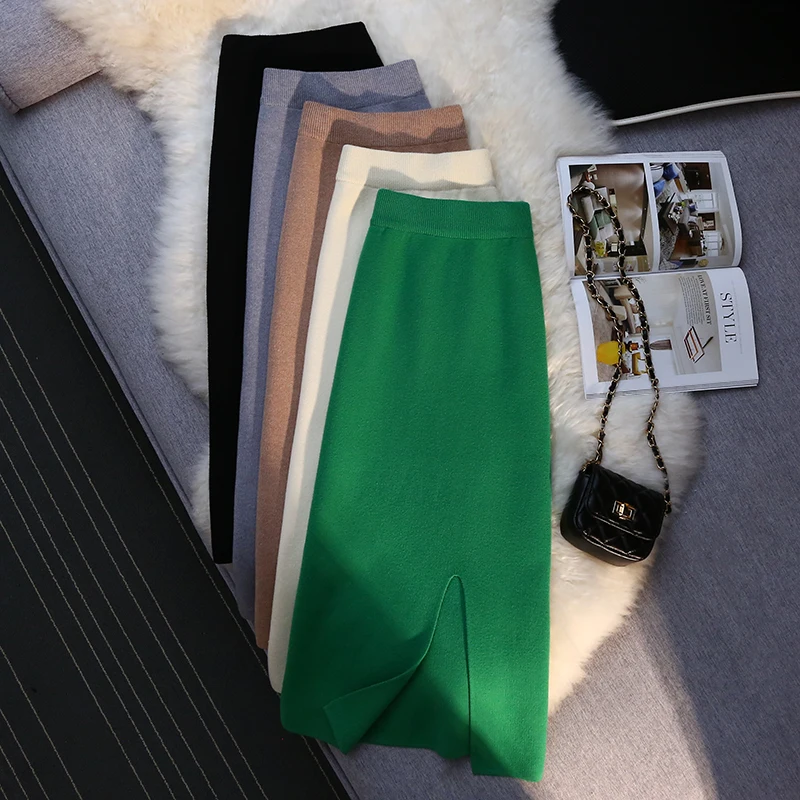 

Шикарные осенне-зимние вязаные длинные юбки, Женская корейская мода, однотонная трикотажная юбка средней длины с высокой талией, женские че...