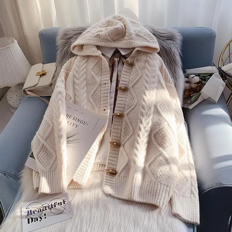 

Horn Button Hooded Knitted Women Sweater Cardigan Winter Vintage 2021 V-Neck Coarse Yarn Solid Thicken Warm Female Outwear Tops