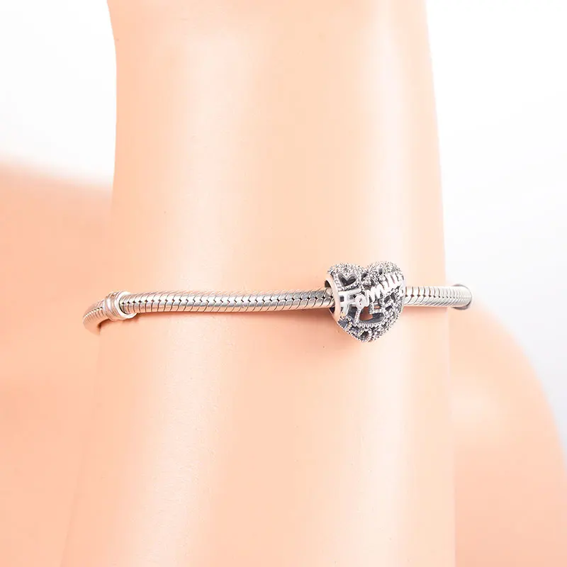 100% Серебро 925 пробы ажурное сердце семейный бисер подходит для оригинальной