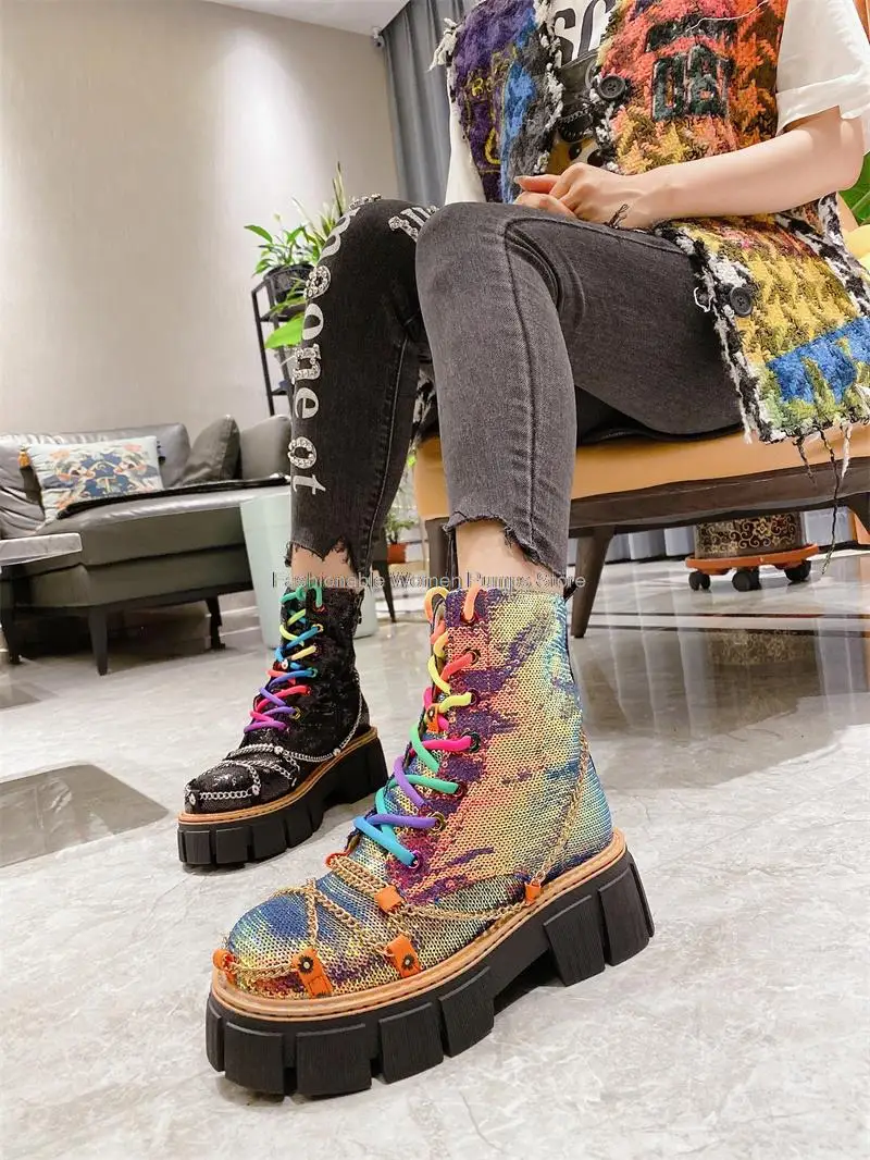 

Bling Women Martin Boots Sequined Thick Heels Platform Wedge Motorcycle Boots Female Chain Punk Ankle Short Boots Street Shoes