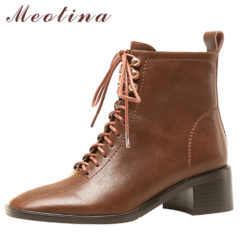 

Женские ботильоны на молнии Meotina, черные/коричневые ботильоны из натуральной кожи на толстом среднем каблуке, на шнуровке, с квадратным носк...