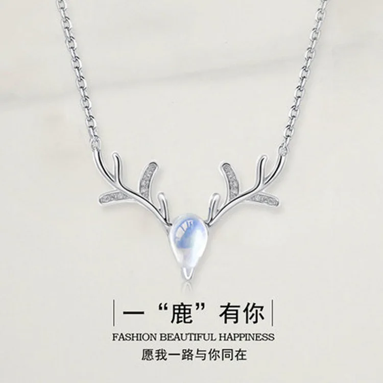 

Moonstone Elk Necklace Clavicle Chain Female Simple Ornaments Woman Accesories S925 Sterling Silver Korean Fashion
