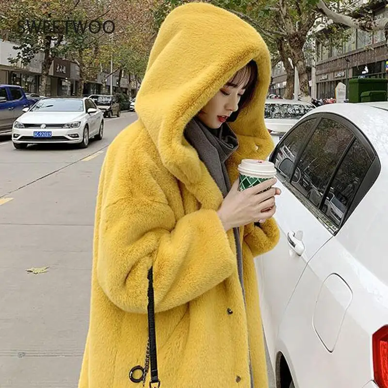Winter Women High Quality Faux Rabbit Fur Coat Luxury Long Fur Coat Loose Lapel Overcoat Thick Warm  Female Plush Coats