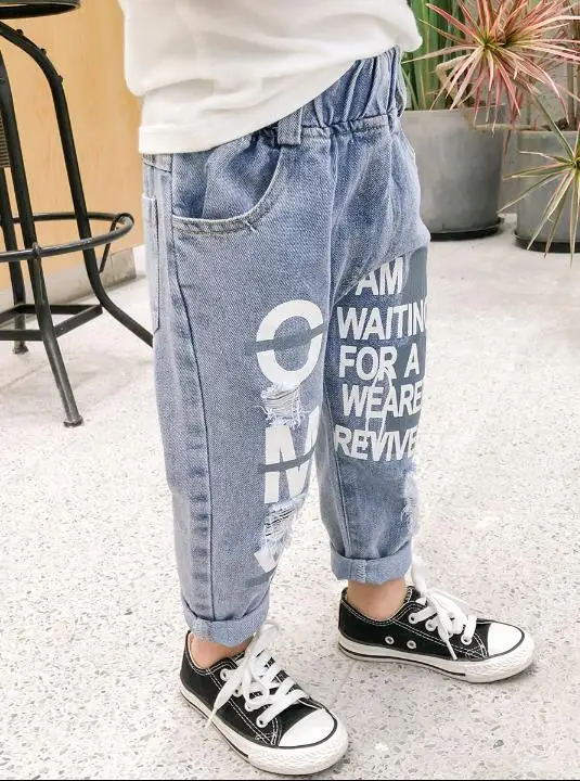 

Children's jeans kids letter print ripped jeans elastic mid-waist baby denim clothing new baby clothing