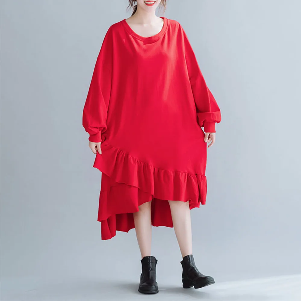 Женское платье с круглым вырезом однотонное свободное Повседневное длинным