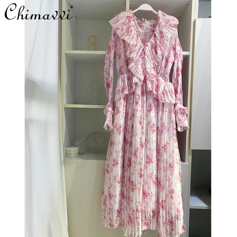 

Fairy Pleated Floral Dress 2021 Summer Cherry Blossom Pink V-neck Long Sleeve Chiffon Dress Fashionable Elegant Maxi Dress Women