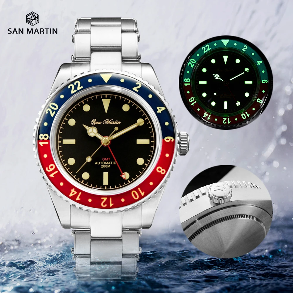

Часы San Martin GMT Роскошные для дайвера автоматические сапфировые с заклепками браслет Вода призрак 20 бар водонепроницаемые светящиеся Мужски...
