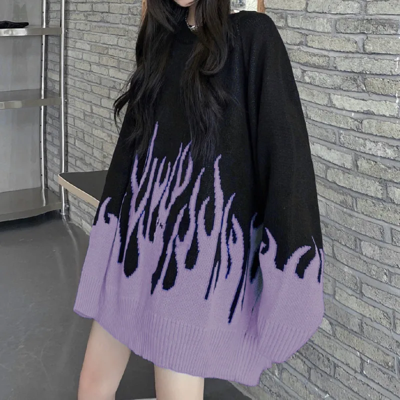 Gagaok Loose Harajuku Women Sweater Knit Top Spring Autumn Flame Sweaters Female Fashion Long Outfit Pullovers Plus Size | Женская
