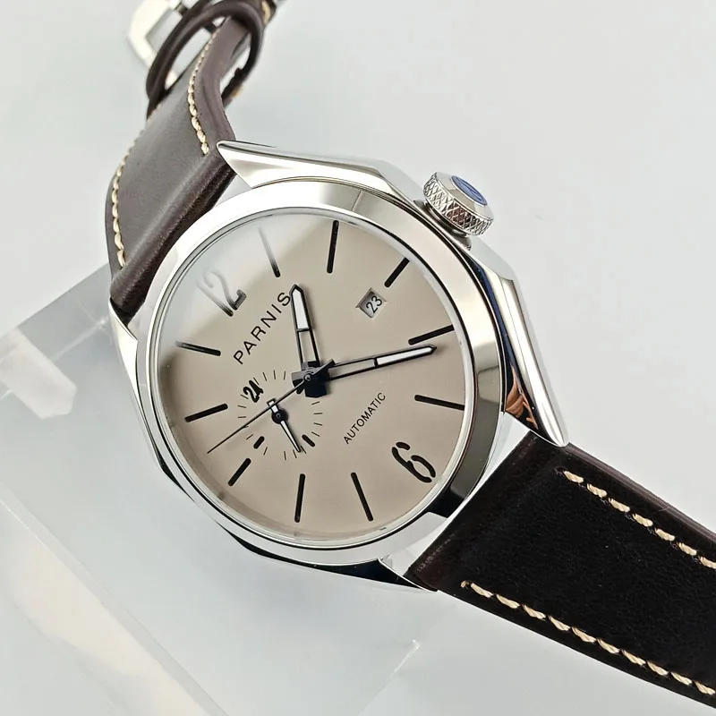 Мужские часы Parnis автоматические механические с серым циферблатом и зеркальным