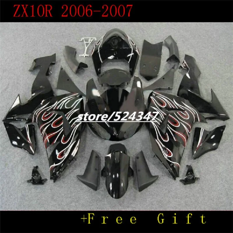 

Обтекатели черного с красным белым пламенем для kawasaki ninja ZX-10 2006 2007 ZX 10R 06-07 ZX10R 06 07 обтекатели