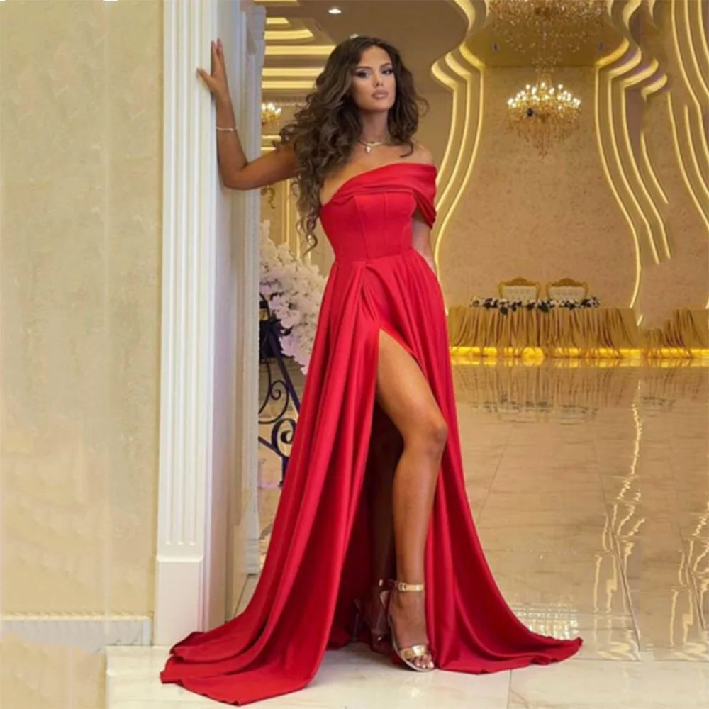 

Red Soft Satin Prom Dresses One Shoulder Women Formal Party Night Dress Elegant Split Simple Evening Gown vestidos de fiesta