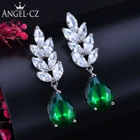 angelcz classic green cubic zirconia big water drop dangle long wedding party silver color earrings for women jewelry gift ae250