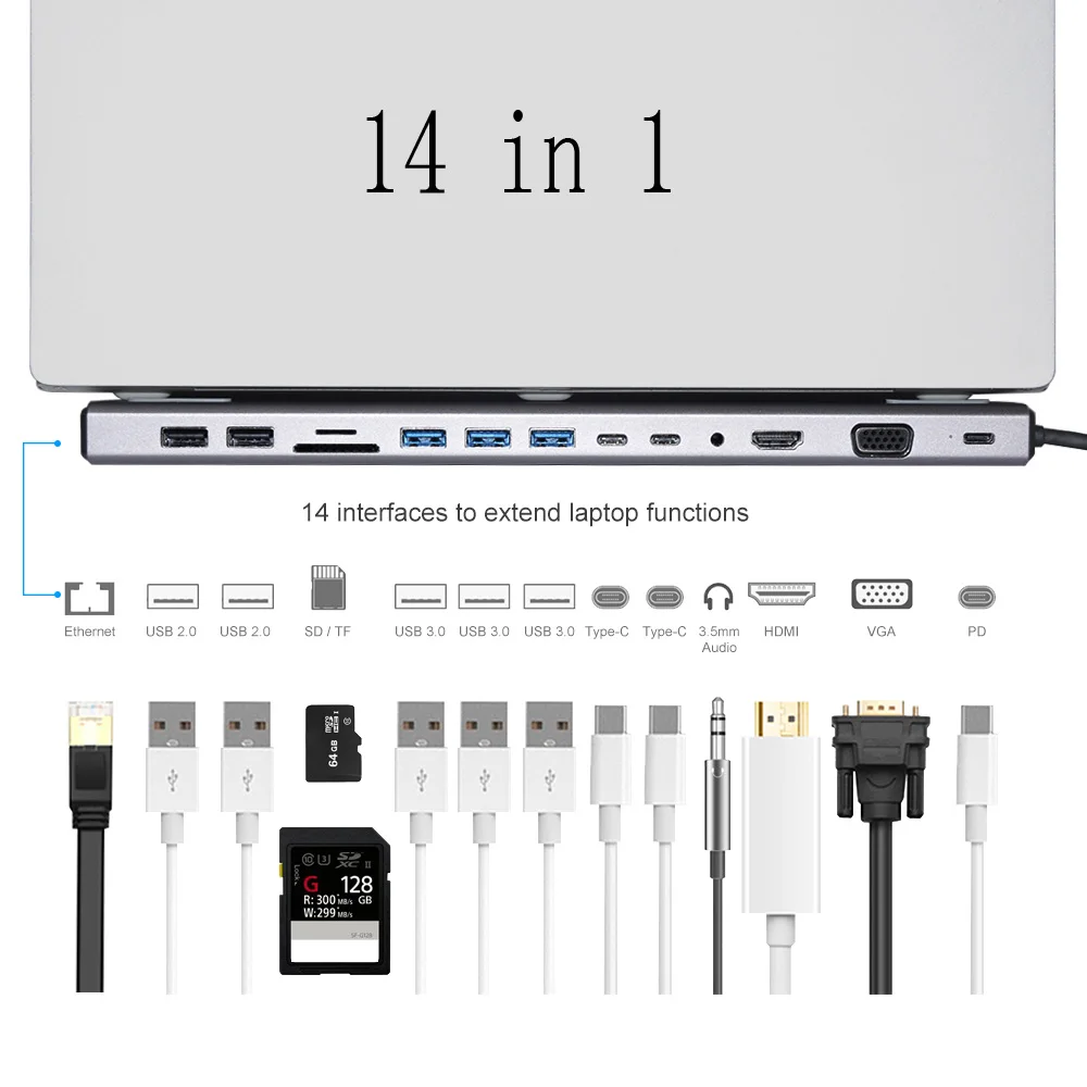 4/5/9/14-in-1 Type C Dock USB C Hub 3.0 Splitter Multiport Adapter 4K HDMI RJ45 SD/TF VGA HDMI PD for Laptop MacBook iPad Xiaomi