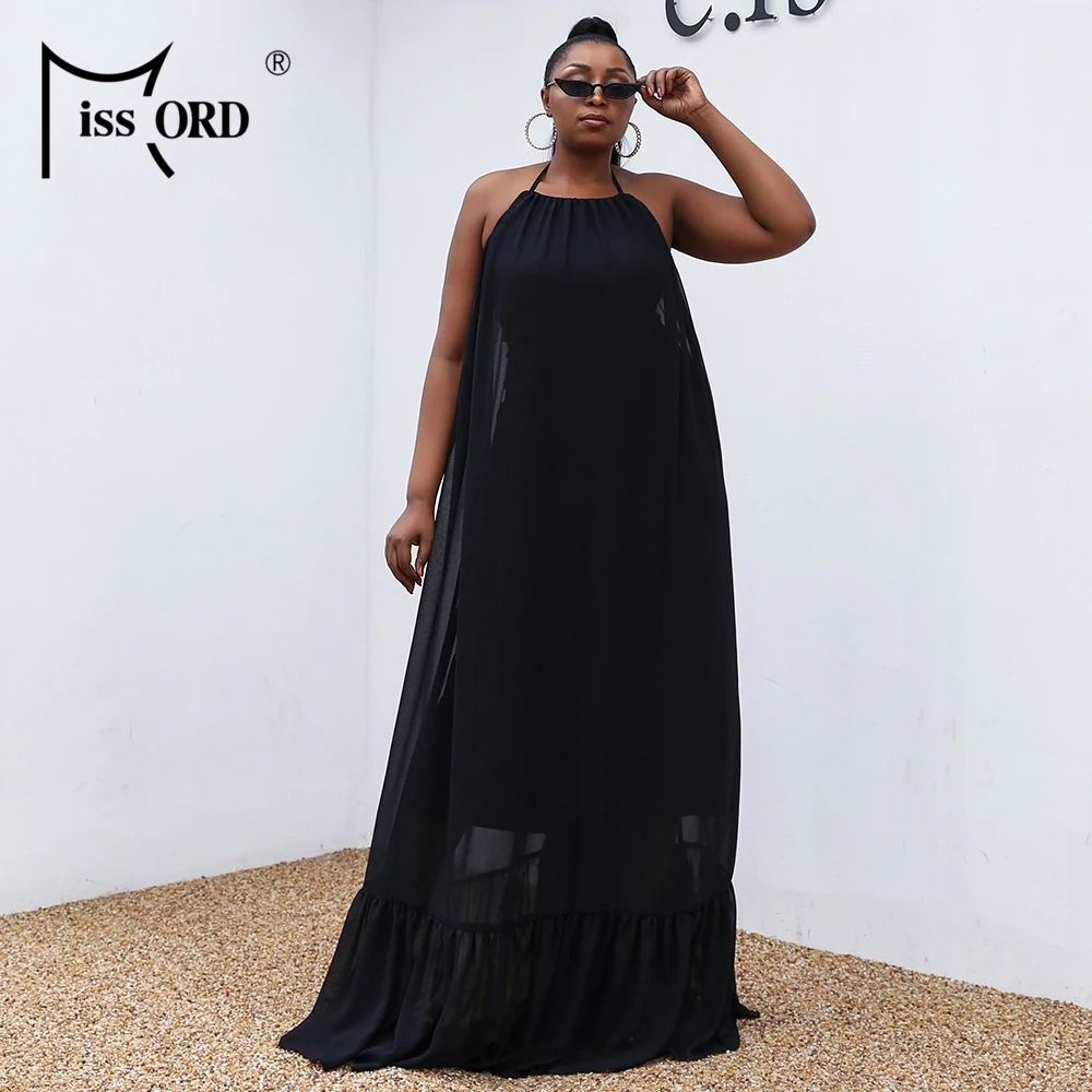 

Missord 2021 Sexy Women Summer Dress Plus Size Halter Backless Off Shoulder Casual Ruffle Hem Double Solid Maxi Black Dresses