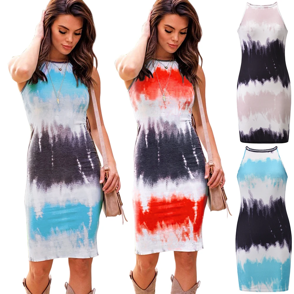 

new dresse for women 2021 party sexy Round neck sleeveless drawstring blue print skirt Tight casual and versatile red dress XXL