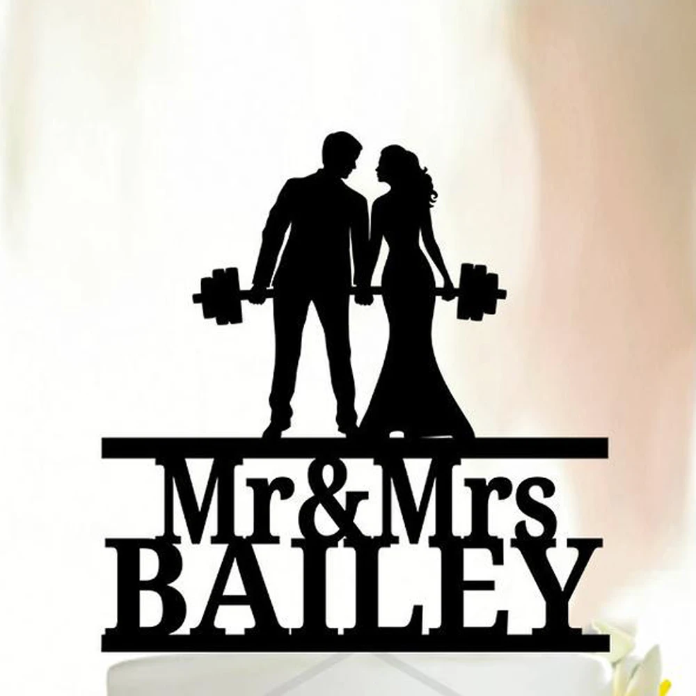 

Mr And Mrs Fitness Couple Cake Topper,Personalized Barbells lifting Cake Topper,Weight lifting Groom and Bride Cake Topper