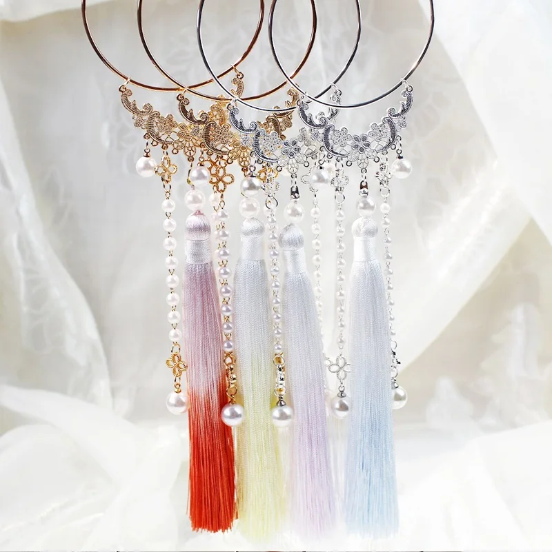 

XinHuaEase Circle Long Tassels Hair Ring Ribbon Classic Ornament Bracelet Hanfu Accessories Headwear Headpiece Chinese Style New