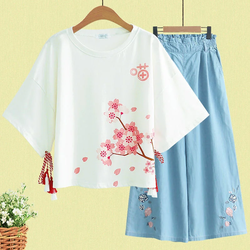 

Casual Cotton T-Shirt Denim Pant Suits 2022 Summer Flower Print Top Tee+Wide Leg Pants Jean Pant Set 2 piece femme