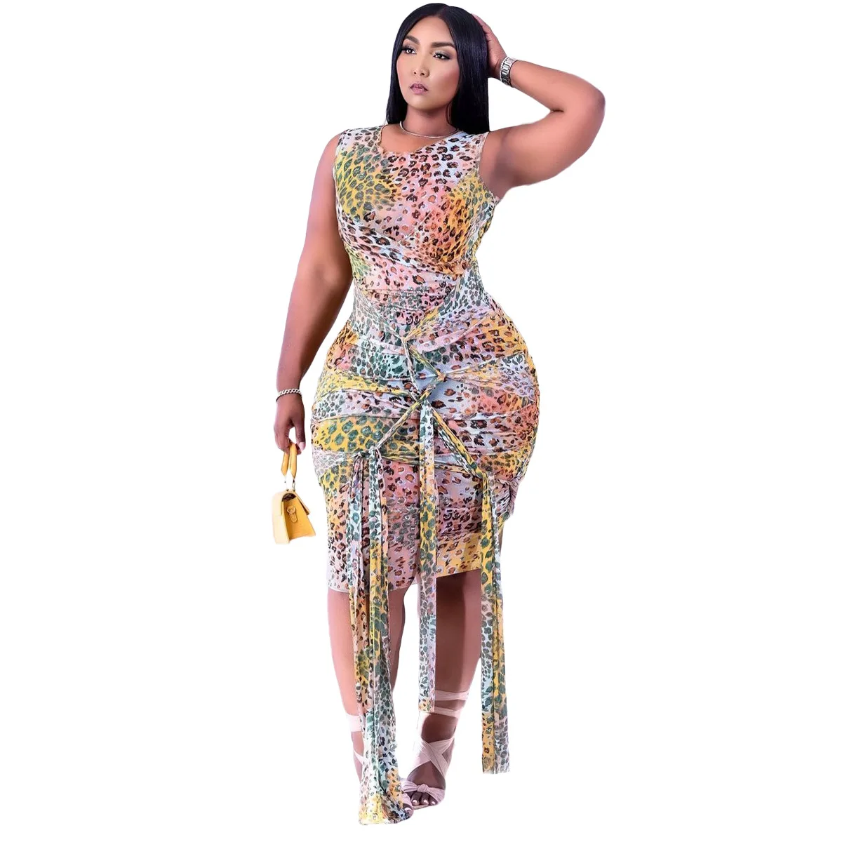 

Plus SizeS-3XL Women's 2021 Summer Women O-Neck Leopard Print Bandage Nightclub Sexy Perspective Sleeveless Lrregular Dress