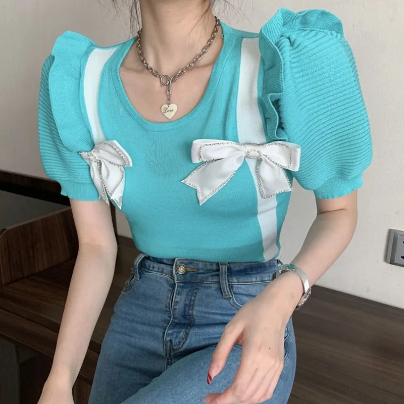 

2021 summer fashion women Design sense fake strap ice silk slim slimming short puff sleeve top with diamond bowknot