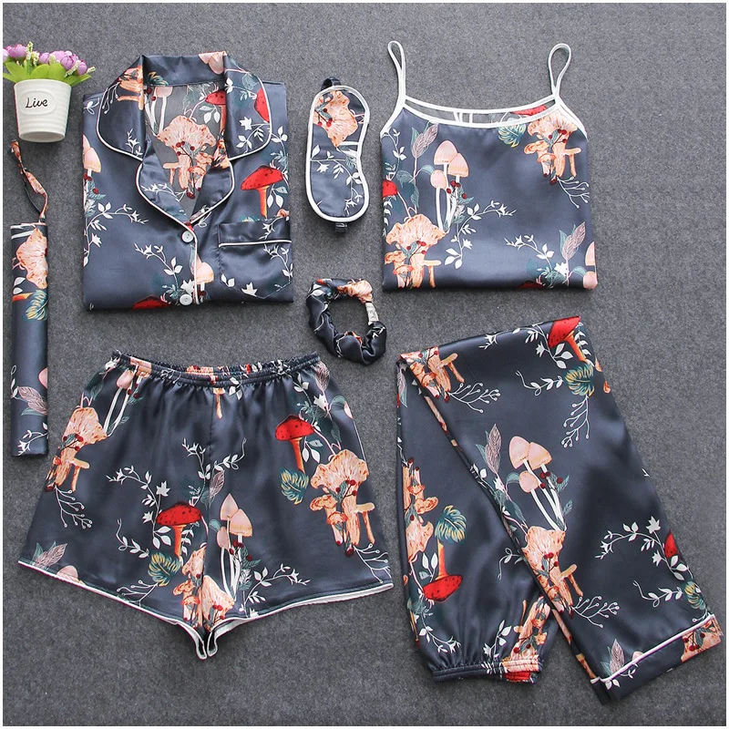 

7 Pieces Womens Silk Satin Pajamas Sets Pyjamas Set Sleepwear Pijama Pajamas Suit Female Sleep Two Piece Set Loungewear