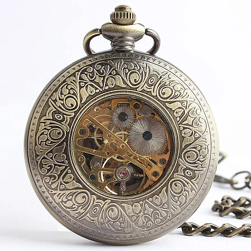 Vintage Steampunk Train Hollow Handy Gentleman Mechanical Pocket Watch Bronze Necklace Pendant Accessory Clock Gift