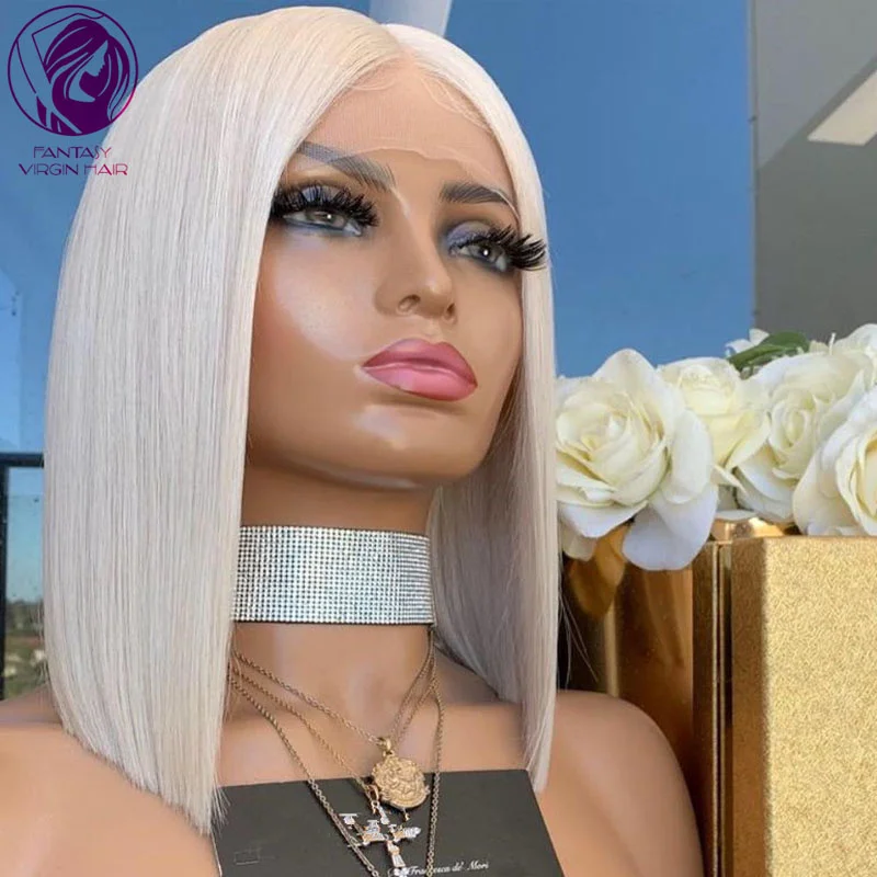 Парик из натуральных волос со шнуровкой белый Платиновый светлый фиолетовый