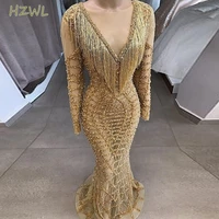 charming gold see through prom dresses plus size sheer neck long sleeves mermaid evening gowns aso ebi sexy robe de soiree