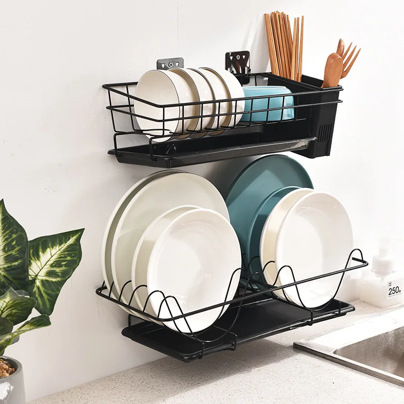 

Stainless steel Kitchen Racks and Holders Wall-mounted Punch-free Dish Drainer Plate Drying Rack Organizer Utensil Holder