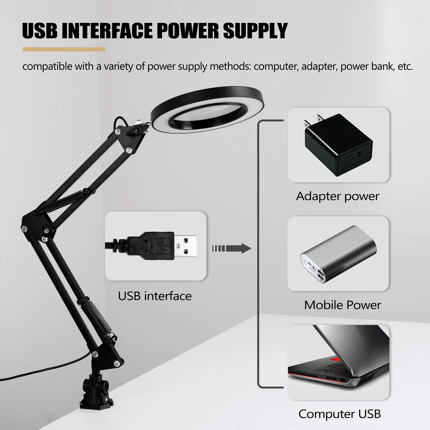 

5X Magnifying Glass Desk Lamp Magnifier LED Light Foldable Reading Lamp with Three Dimming Modes USB Power Supply Magnifier