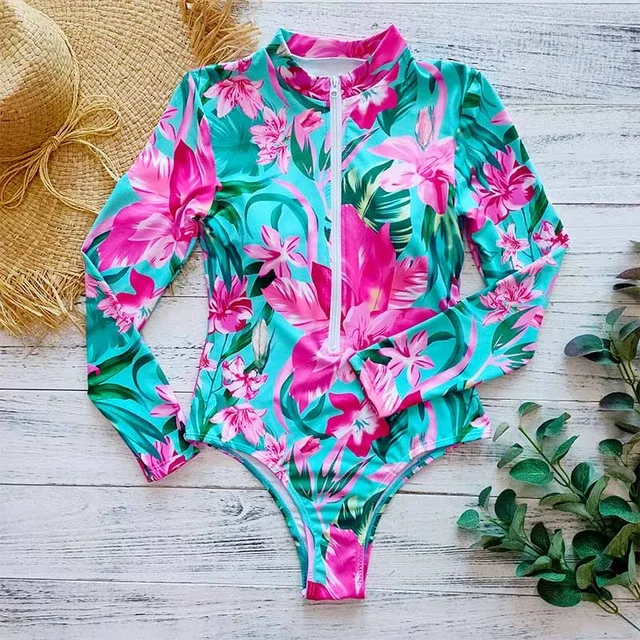 Floral Новинка, сексуальный цельный купальник, пуш-ап, женская одежда для плавания, монокини, длинный рукав, купальник, купальник, женская летняя пляжная одежда - Цвет: Floral