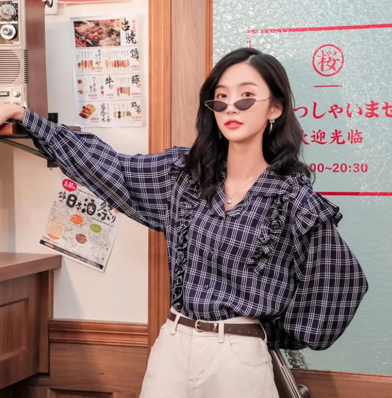 2019 Осень Зима Новая женская рубашка Ins в клетку с деревянными ушками пышными