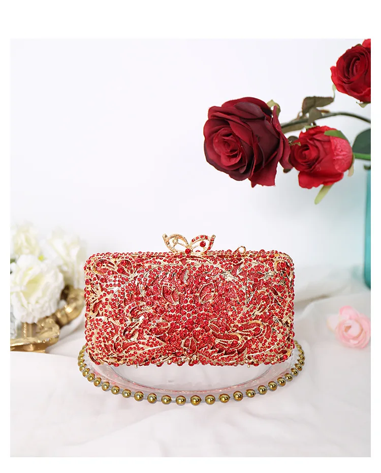 

Blue Red Pink Hollow Flower Crystal Women Evening Bag Luxury Diamond Clutch Wedding Party Handbags And Bridal Floral Prom Purses