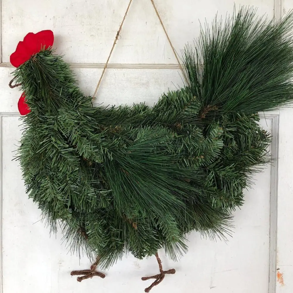 

1Pc Christmas Rooster Wreath Green Chicken Wreath For Door Wall Window Hanging Pendant Decor Kitchen Garden Farmhouse Decor I3U8
