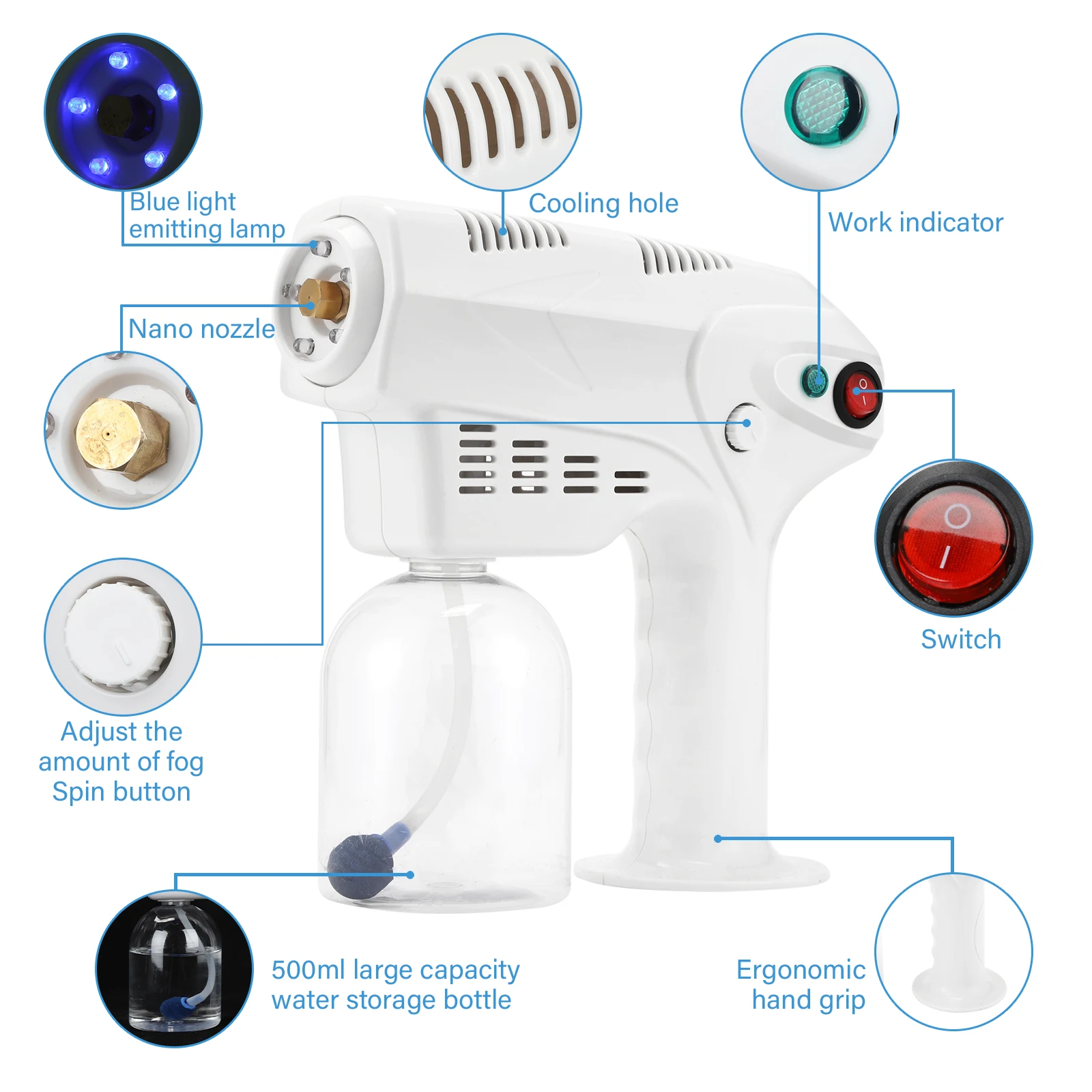 

Wireless Gun Disinfectant Sprayer Handheld Blue-ray Nano Steam Sterilization Nebulizers 1.5 m Spray Distance Sanitizing Sprayer