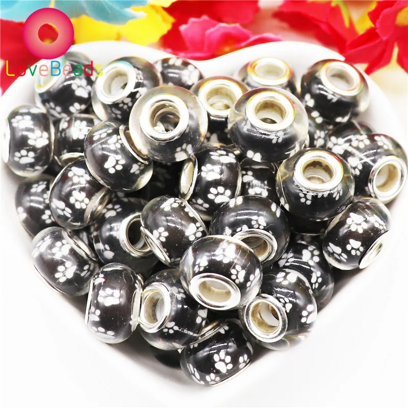 

10Pcs Black Color Dog Paw Acrylic Murano Big Hole Jewelry Beads Fit Women Pandora Bracelet Snake Chain Spacer Bead Necklace DIY