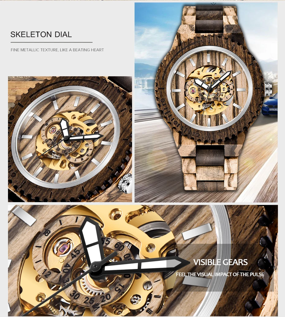 

Brand Reloj Masculino Automatic Mechanical Wood Watches Classic Arabic Numerals Design Natural Gear Surface Wood Mens Watches