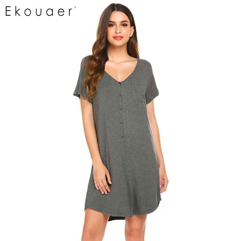Gray 3 Ekouaer Женская одежда для отдыха Ночная Рубашка домашняя одежда для сна Передняя Кнопка v-образный вырез короткий рукав лоскутное свободное Ночное платье - Цвет: Gray 3
