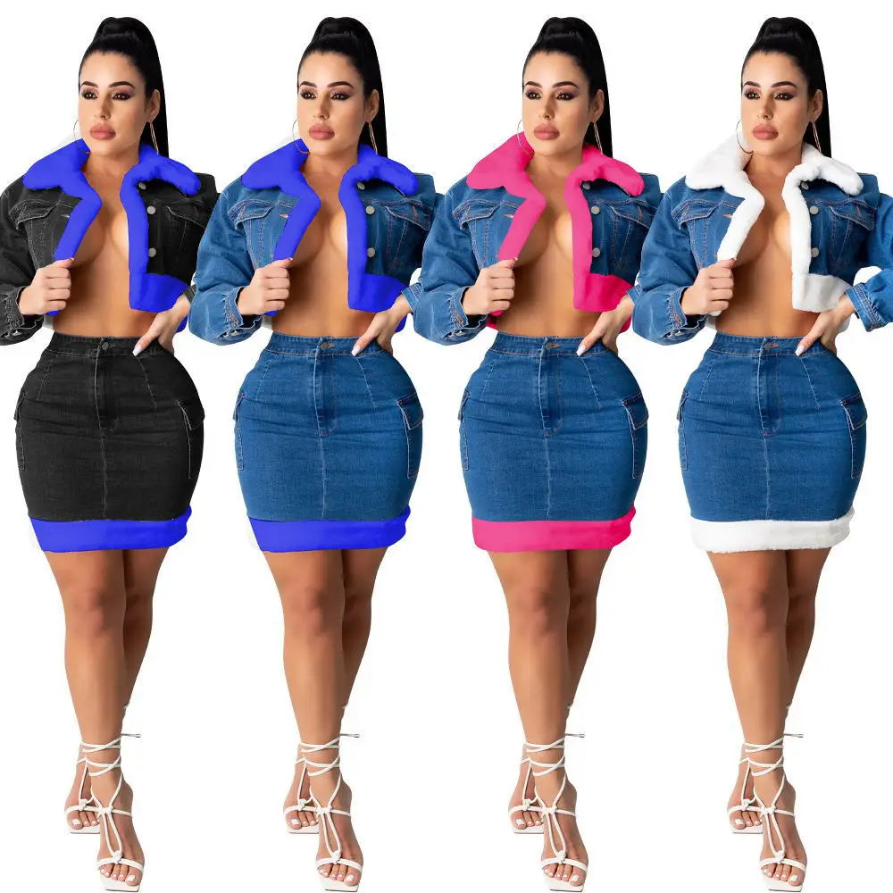 Fashion Sexy Ladies Denim Jackets Long Sleeve Outfits Sexy Short Skirt Women Two Piece Set