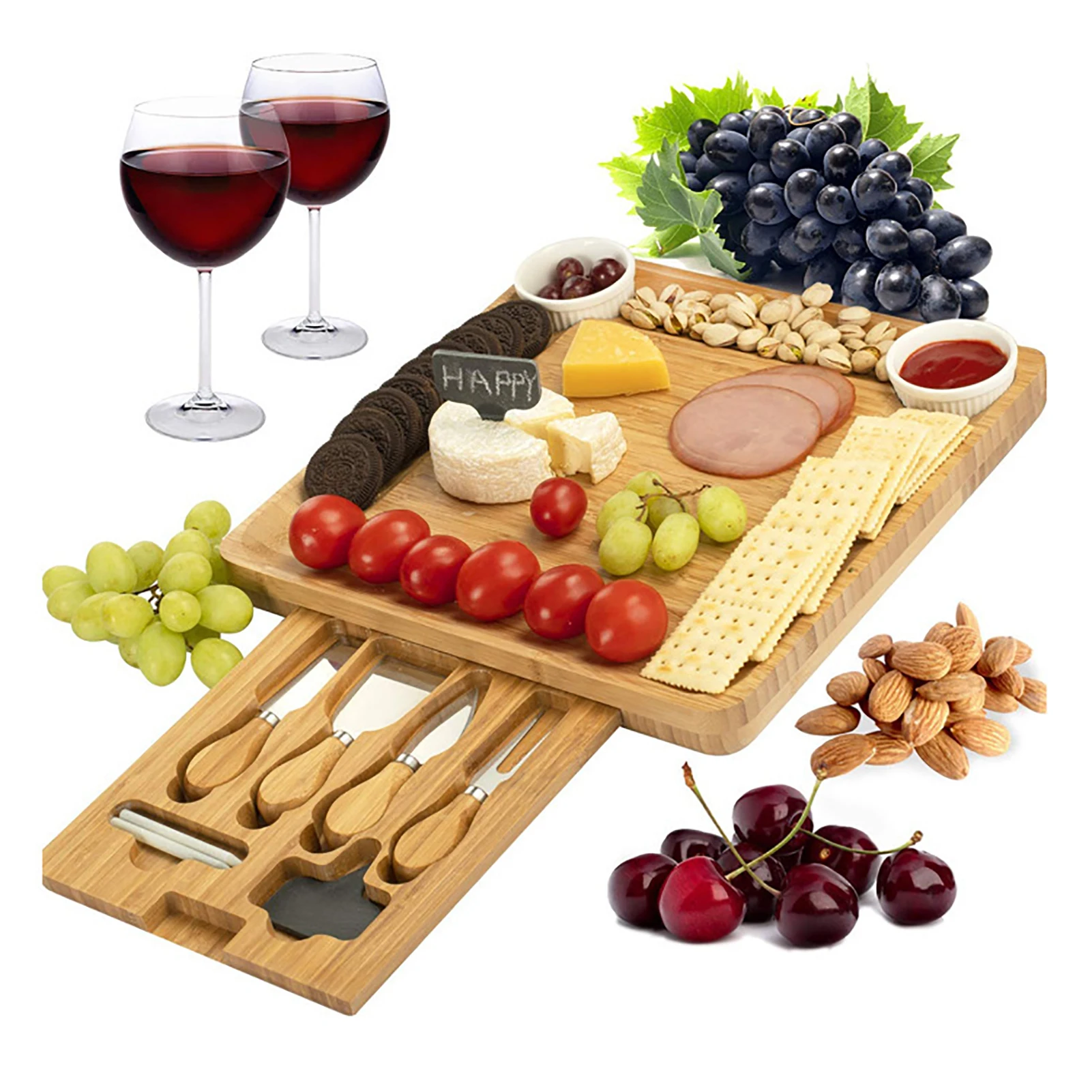 Bamboo Cheese Board Cutlery Knif Set With Slide Out Drawer 4 Knives Sets Cooking Tools Knife Slicer Fork Scoop Cut | Дом и сад