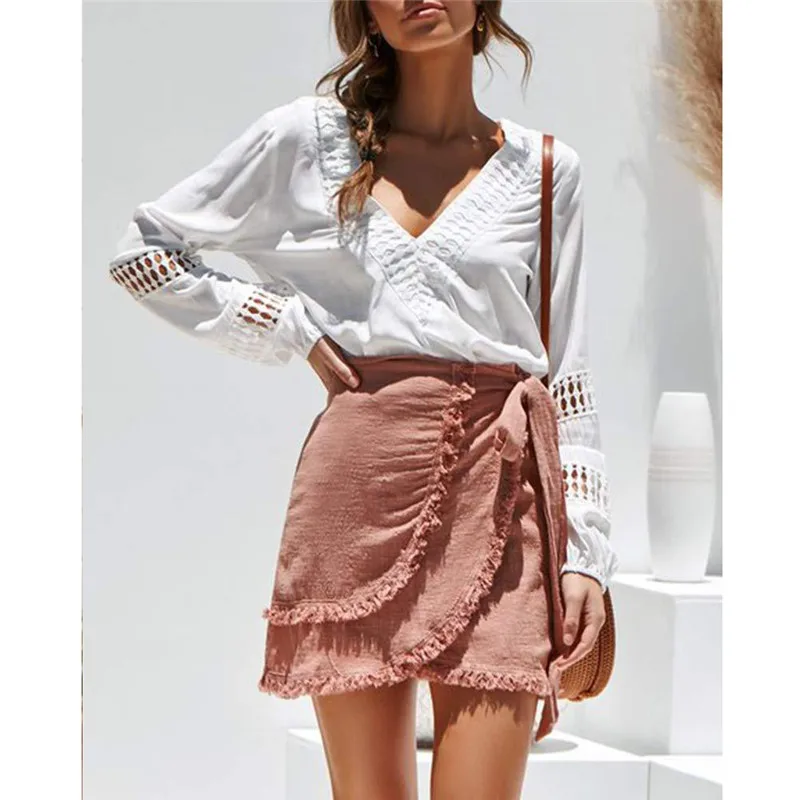 

Women New Blouse Top Lady Long Sleeve Hollow Out V neck Shirts Solid Loose Chic Blouses Shirt 2019 Female OL Outfits Hot
