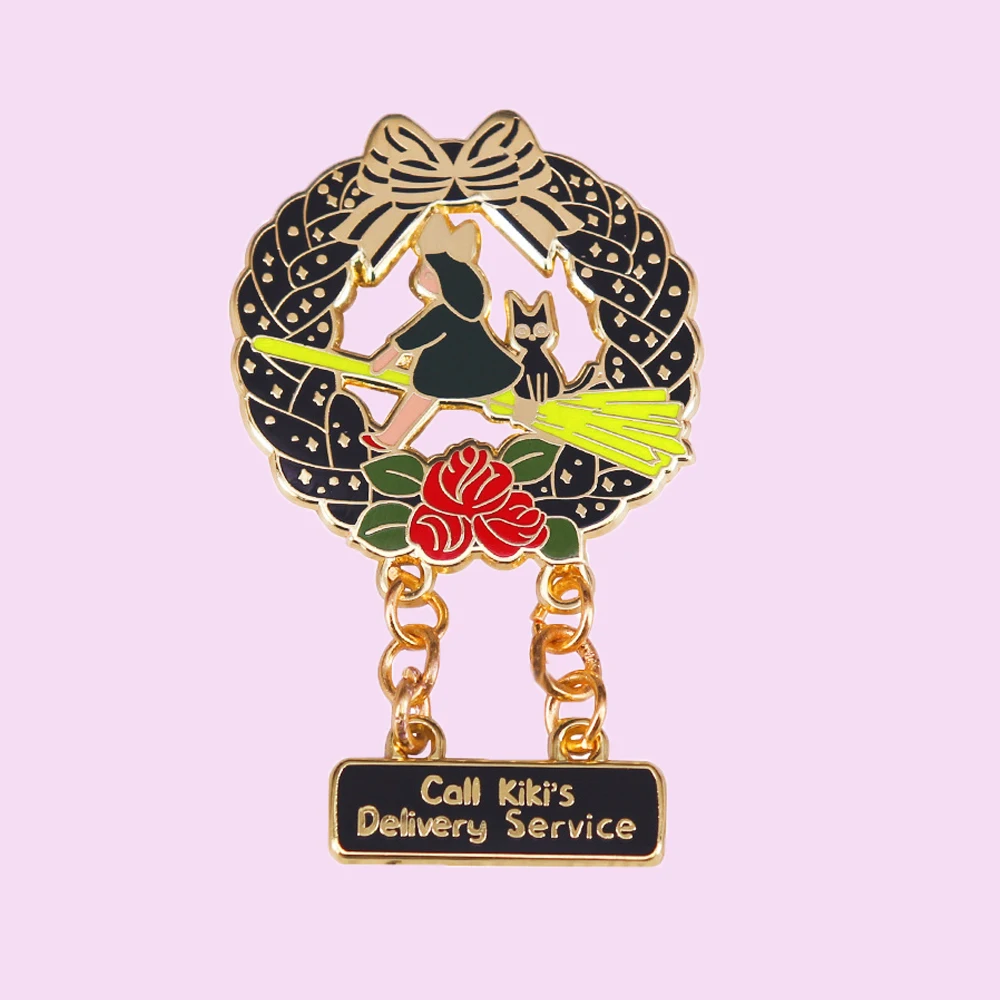 

Witch Kiki and Gigi Hard Enamel Pin Cartoon Magic Girl Flying Broom Black Cats Pendant Brooch Kiki's Delivery Services Fans Gift