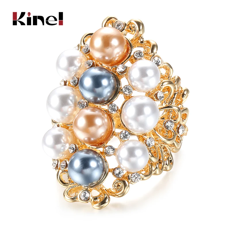 Модное большое кольцо Kinel с жемчугом золотого цвета свадебные кольца полым