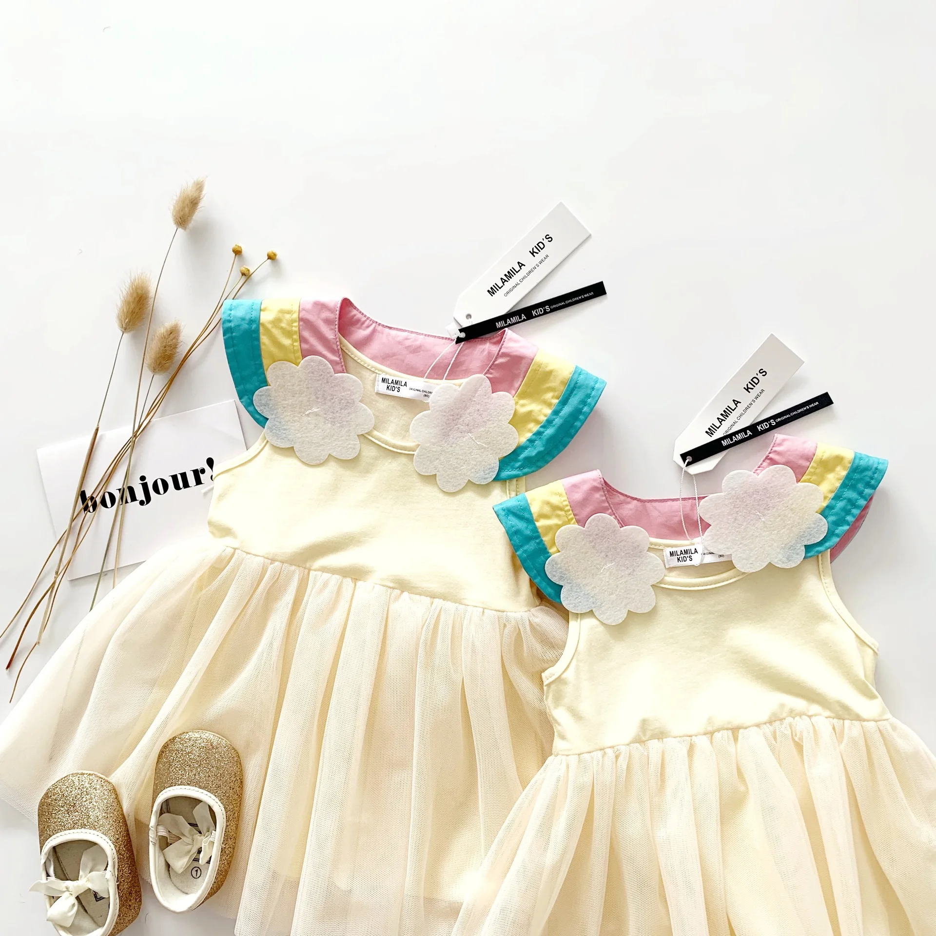 Tonytaobaby Summer New Baby Girl's Rainbow Beige Mesh Dress Girls Kids Dresses for | Детская одежда и обувь