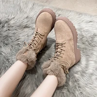 womens ankle boots flat mid heel thick soled boots womens shoes fashion winter lace up short plush warm boots womens boots