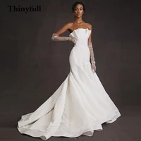 thinyfull silk satin strapless sleeveless long wedding dress elegant mermaid simpletrain pleated bridal marriage gowns